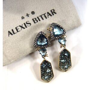 Alexis Bittar Blue Crystal Rhodium Plated Shield Drop CLIP ON Earrings NWT RARE!